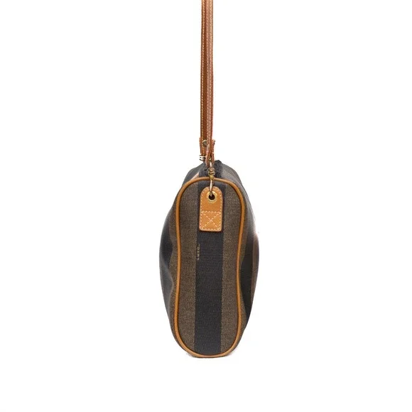 Fendi Vintage Pequin Stripe Coated Canvas Crossbody Shoulder‎ Bag Brown Tan